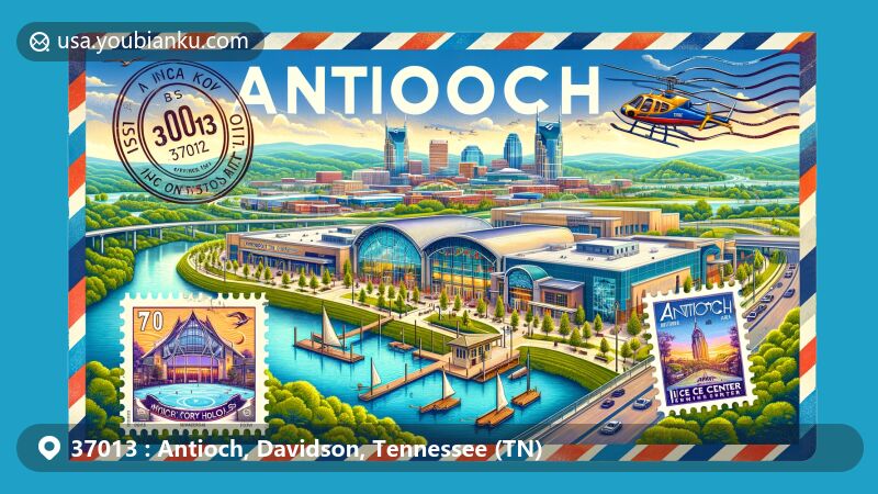 Contemporary illustration capturing Antioch, Tennessee's postal heritage with landmarks like Commons at the Crossings and Ford Ice Center against a backdrop of green hills and Nashville skyline, framed in vintage air mail envelope.