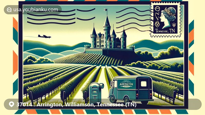 Modern illustration of Arrington area, Williamson County, Tennessee, featuring Arrington Vineyards and Castle Gwynn silhouette, symbolizing Tennessee's wine country and Renaissance Festival.