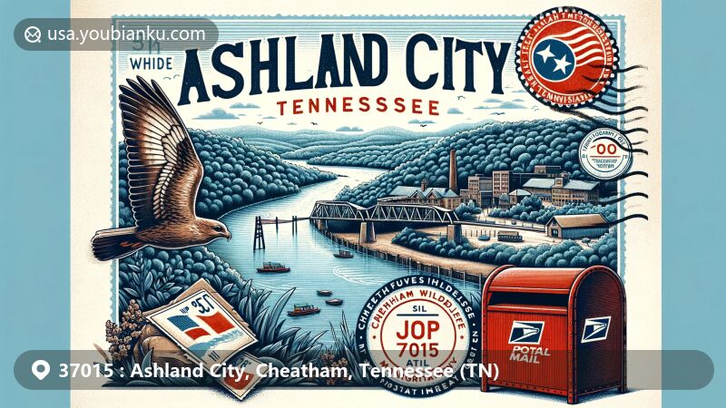Modern illustration of Ashland City, Cheatham County, Tennessee, showcasing scenic Sidney's Bluff overlooking the Cumberland River and the Cheatham Wildlife Management Area, integrating vintage air mail elements like an envelope and Tennessee state flag stamp, with a classic red postal mailbox and ZIP code 37015.