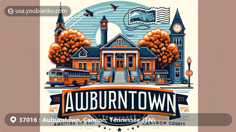 Modern illustration of Auburntown, Cannon County, Tennessee, with ZIP code 37016, incorporating postal elements and iconic symbols like Auburntown Community Center, Auburntown Public Library, poplar trees, and vintage postage details.