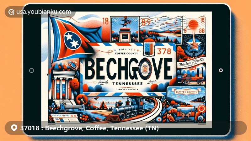 Creative illustration of Beechgrove, Tennessee, highlighting ZIP code 37018, Tennessee state flag, and Coffee County map, with elements representing historical significance and natural beauty.