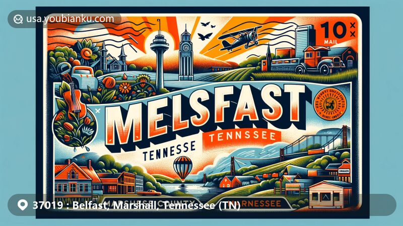 Modern illustration of Belfast, Marshall County, Tennessee, capturing postal theme with ZIP code 37019, featuring Tennessee state flag, Marshall County outline, and rural and historical elements.