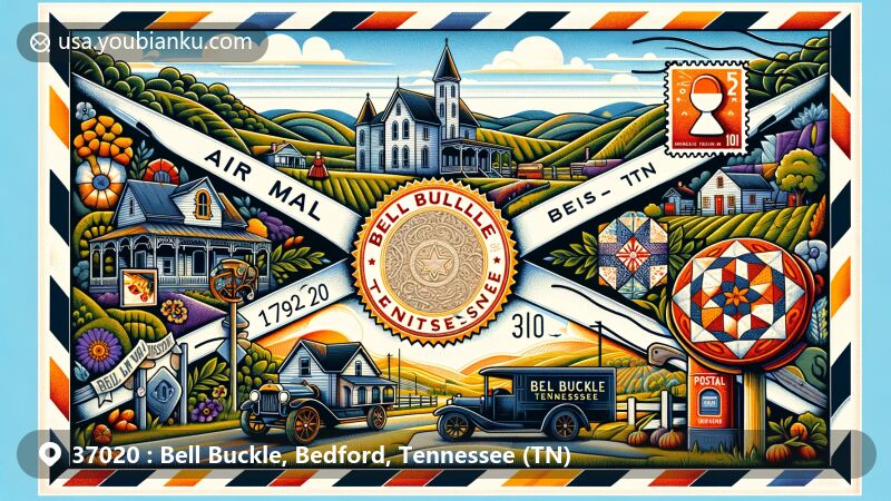 Modern illustration of Bell Buckle, Bedford County, Tennessee, highlighting postal theme with ZIP code 37020, featuring Victorian-style architecture, rolling hills, farmlands, handcrafted quilts, decorative postage stamp, old-fashioned mail truck, and classic American mailbox.
