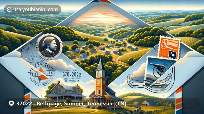 Modern illustration of Bethpage, Tennessee, featuring rolling hills, a postal envelope with ZIP code 37022, Durham's Chapel Rosenwald School, and homage to Jonathan Browning.