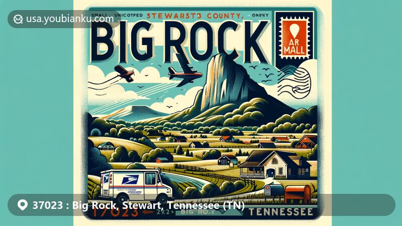 Modern illustration of Big Rock, Stewart County, Tennessee, displaying a postcard or air mail envelope design with ZIP code 37023, featuring postal attributes like a postage stamp, postmark, and a mail delivery theme.