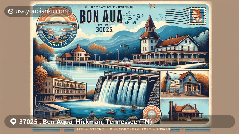 Illustration of Bon Aqua Springs Resort, a historic location in Dickson County, Tennessee, known for its natural springs and musical heritage, including the nearby Storytellers Museum.