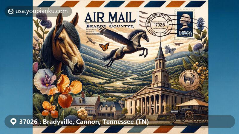 Modern illustration of Bradyville and Cannon County, Tennessee, featuring postal theme with ZIP code 37026, showcasing Cannon County landscapes, landmarks, and Tennessee state symbols.
