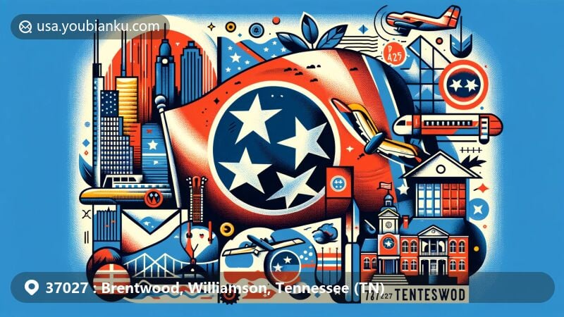 Modern illustration of Brentwood, Tennessee, showcasing state flag, local landmarks, and postal symbols with ZIP code 37027, capturing the essence of the area's identity in a creative design style.