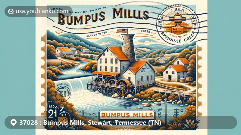 Modern illustration of Bumpus Mills, Stewart County, Tennessee, blending historical significance with natural beauty, featuring old mill alongside Saline Creek and Bear Spring Furnace, set in lush landscapes of Stewart County, with airmail envelope design incorporating postal elements and ZIP Code 37028.