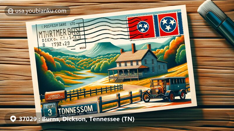 Modern illustration of Burns, Dickson, Tennessee, showcasing natural beauty and postal theme with ZIP code 37029, featuring Montgomery Bell State Park and Lonesome Historic Site.