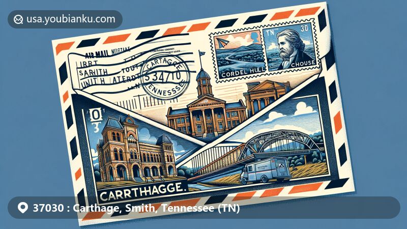 Creative illustration of Carthage, Smith County, Tennessee, featuring postage elements and iconic landmarks like Historic Smith County Courthouse and Cordell Hull Memorial Bridge.