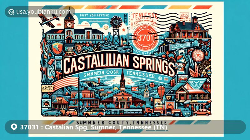 Modern illustration of Castalian Springs, Sumner, Tennessee, highlighting postal theme with ZIP code 37031, featuring Cragfont, Wynnewood, and Hawthorn Hill.