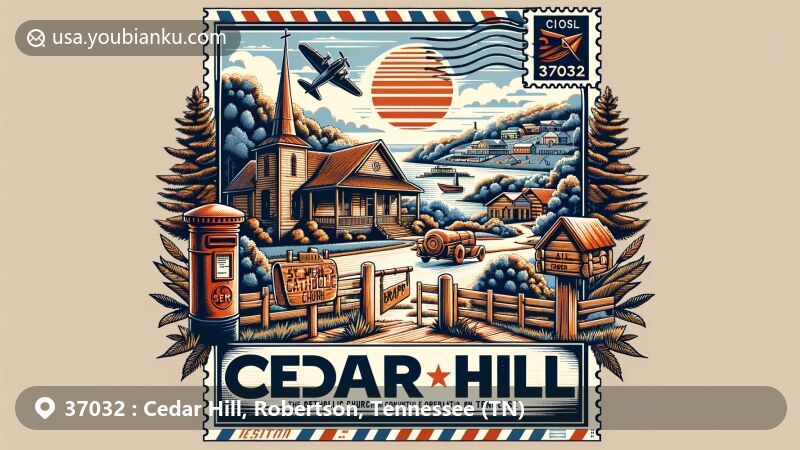 Modern illustration of Cedar Hill, Tennessee, in postal-themed design with ZIP code 37032, showcasing St. Michael's Catholic Church and Cedar Hill Swamp WMA.