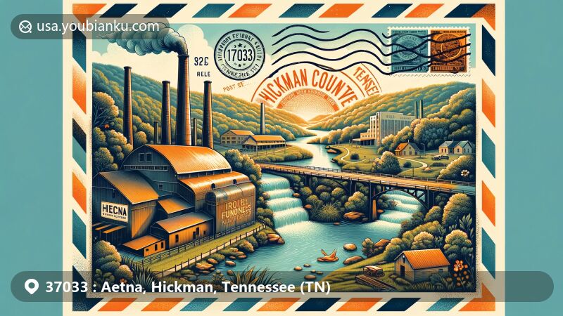 Modern illustration of Aetna area in Hickman County, Tennessee, showcasing historical iron furnace, lush greenery, springs, and waterfalls, symbolizing the county's natural resources, integrated into a vintage airmail envelope with stamps and postal marks, featuring ZIP code 37033 and Tennessee state flag.