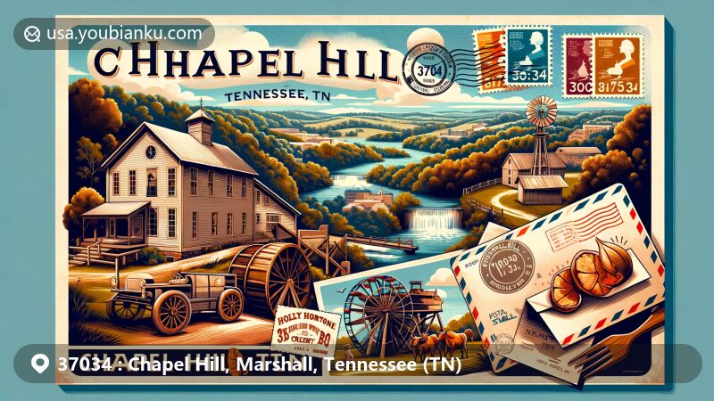 Modern illustration of Chapel Hill, Tennessee, showcasing postal theme with ZIP code 37034, featuring Henry Horton State Park, Wilhoite Mill Trail, Holy Smokes BBQ, Nash Family Creamery, and the rural charm of Duck River.