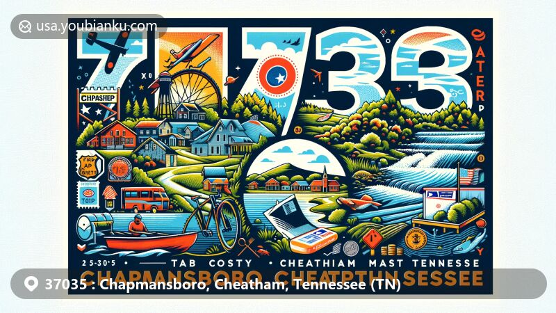 Modern illustration of Chapmansboro, Cheatham County, Tennessee, with postal elements and ZIP code 37035, showcasing outdoor activities, nature preserves, and Tennessee state symbols.