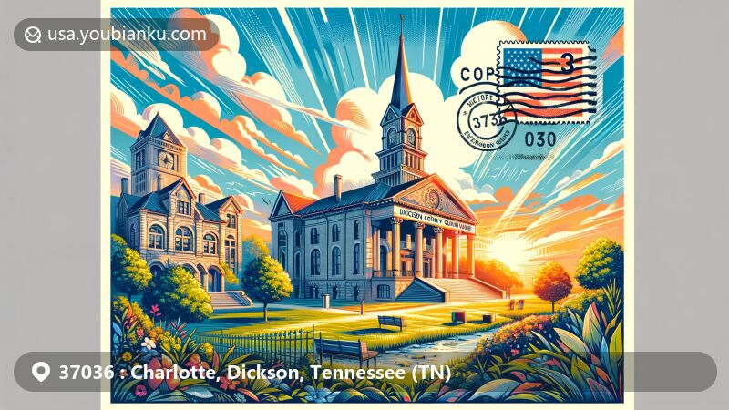 Illustration of Charlotte, Dickson County, Tennessee, representing ZIP code 37036 with vibrant postcard design integrating historic Dickson County Courthouse and Promise Land Community, surrounded by lush greenery and symbolic elements of humid subtropical climate.