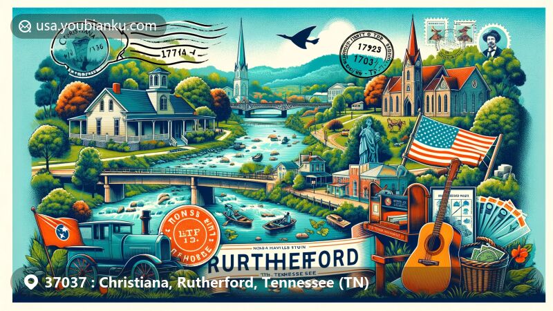 Vibrant illustration of Christiana, Rutherford, Tennessee, blending natural beauty, historical significance, and postal elements, featuring Stones River National Battlefield and vintage postcard motif with ZIP code 37037.