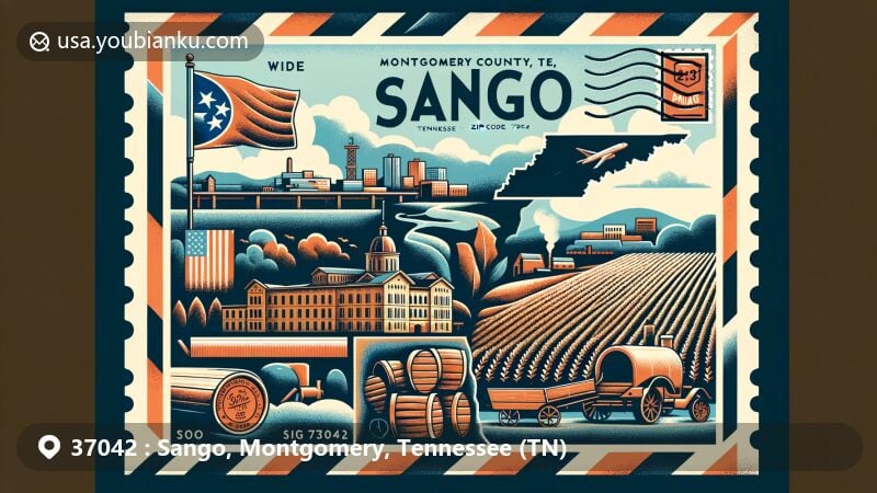 Modern illustration of Sango, Montgomery County, Tennessee, featuring postal theme with ZIP code 37042, state flag, Fort Campbell, and Austin Peay State University.