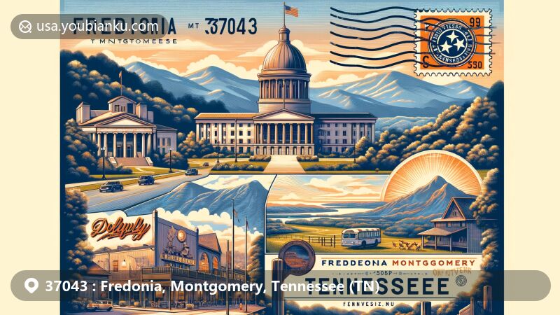 Modern illustration of Fredonia, Montgomery, Tennessee, showcasing postal theme with ZIP code 37043, featuring Tennessee State Capitol, Dollywood theme park, and scenic views of the Great Smoky Mountains.