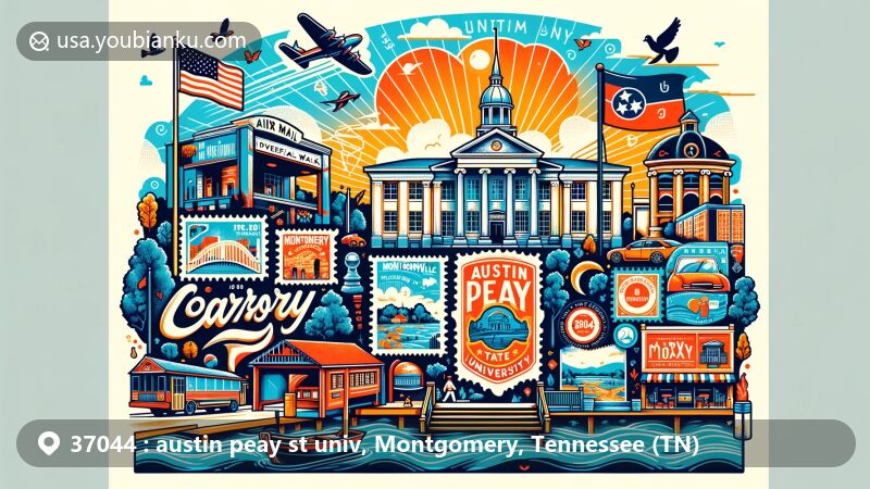 Modern illustration of Austin Peay State University, Montgomery County, Tennessee, with postal elements, showcasing landmarks like McGregor Park Riverwalk, Customs House Museum, and Roxy Regional Theatre.