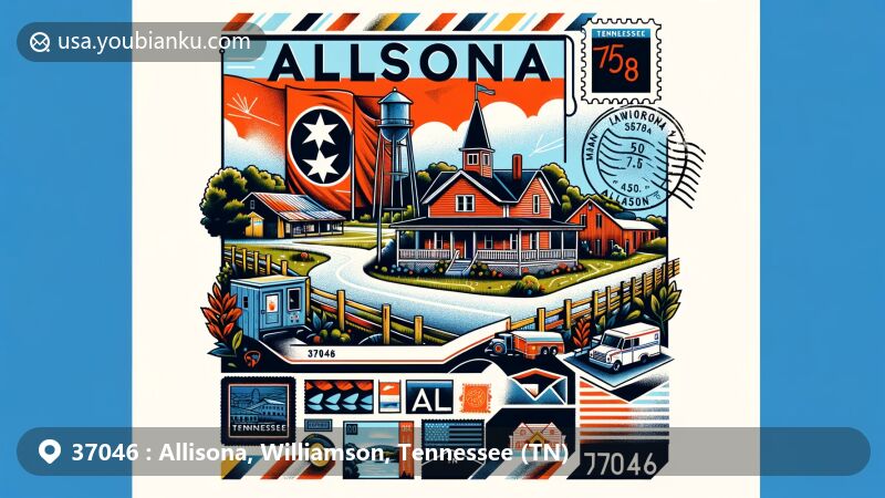 Modern illustration of Allisona, Williamson County, Tennessee, with ZIP code 37046, featuring state flag, Williamson County outline, and local landmarks like the James Wilhoite House. Includes postal elements such as stamps and air mail envelope.