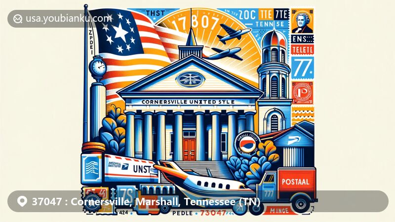 Modern illustration of Cornersville, Marshall County, Tennessee, showcasing postal theme with ZIP code 37047, featuring Cornersville United Methodist Church and Tennessee state flag.