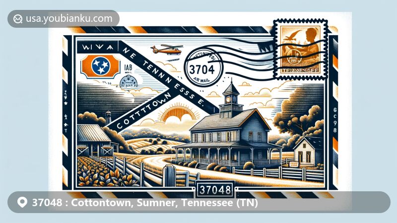 Modern illustration of Cottontown, Tennessee, showcasing postal theme with ZIP code 37048, featuring The Bridal House established in 1819, rural landscapes, and Tennessee state flag.