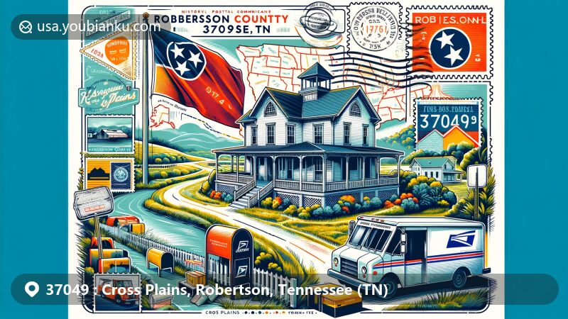 Creative postcard illustration of Cross Plains, Tennessee, ZIP code 37049, featuring Cornsilk historic house, Robertson County outline, and Tennessee state flag, with stamp and postmark '37049 Cross Plains, TN', mailbox, and mail van.