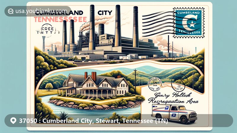 Modern illustration of Cumberland City, Tennessee, in Stewart County, featuring iconic smokestacks of Cumberland Fossil Plant, symbolizing industrial importance. Stylized postcard showcases Guices Creek Recreation Area with outdoor activities and natural scenery, including Henry Hollister House. Edge of postcard has postmark 'Cumberland City, TN 37050' and postal vehicle, merging regional characteristics and postal elements.