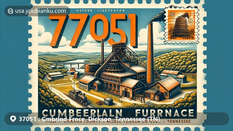 Innovative illustration of Cumberland Furnace, Dickson County, Tennessee, blending historical iron industry significance and postal theme with ZIP code 37051, featuring vintage postcard design and iconic iron furnace structure.