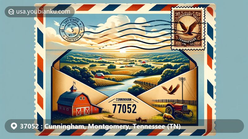 Modern illustration of Cunningham, Montgomery County, Tennessee, merging local scenery with postal elements, showcasing vintage air mail envelope with ZIP code 37052, depicting rural landscape, red barn, farm animals, and Tennessee state flag stamp.