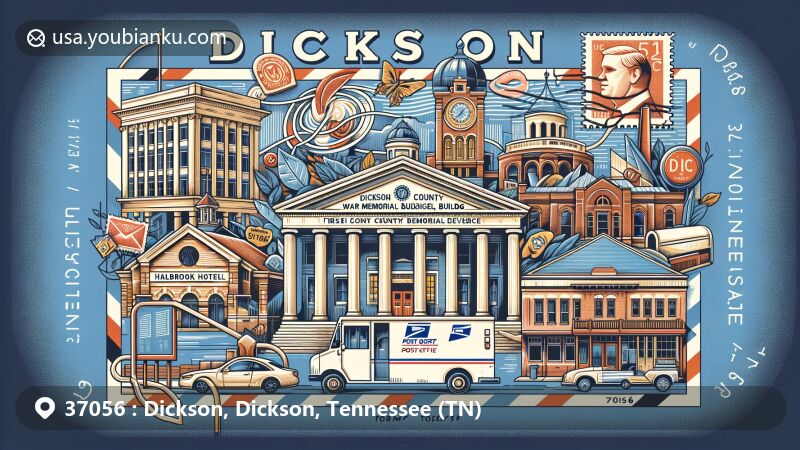 Modern illustration of 37056, Dickson, Tennessee, featuring iconic locations like Dickson County War Memorial Building, Dickson Post Office, First National Bank of Dickson, Halbrook Hotel, and Promise Land School, designed as a postcard with postal elements and ZIP Code 37056.