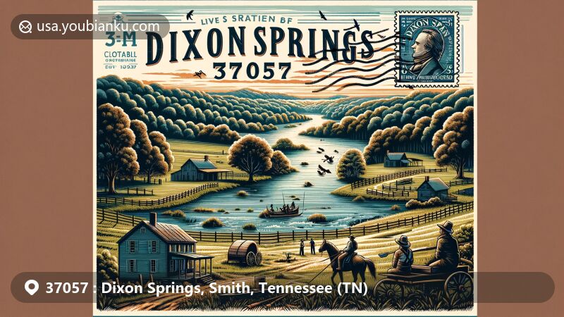 Modern illustration of Dixon Springs, Smith County, Tennessee, showcasing tranquil rural community with outdoor activities like fishing, hiking, camping, and kayaking. It includes historical elements like antebellum homes, Tilman Dixon's home, Dixona, and honors Revolutionary War soldier Tilman Dixon as the area's namesake. The art features a vintage-style air mail envelope with ZIP code 37057 and a postal stamp representing the community's rich history and natural beauty.