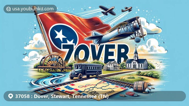 Modern illustration of Dover, Stewart County, Tennessee, with ZIP code 37058, blending postal elements like air mail envelope. Featuring Tennessee flag, Fort Donelson National Battlefield, Cross Creeks National Wildlife Refuge, capturing area's Civil War history and natural beauty.