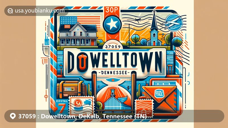 Modern wide-format illustration of Dowelltown, DeKalb County, Tennessee, featuring central Dowelltown sign and Tennessee state symbols, with vintage postcard postal theme and United Methodist Church.