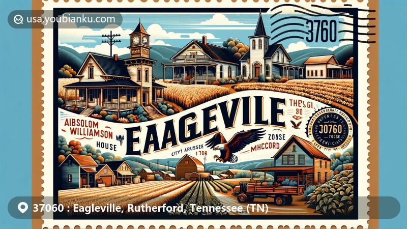 Modern illustration of Eagleville, Tennessee, showcasing historic homes including Absalom Scales House, Thomas Williamson House, and William Harrison McCord House, embodying small-town charm and agricultural heritage. The design features local agricultural symbols against a backdrop of the lush Tennessee landscape, emphasizing Eagleville's location in Rutherford County.