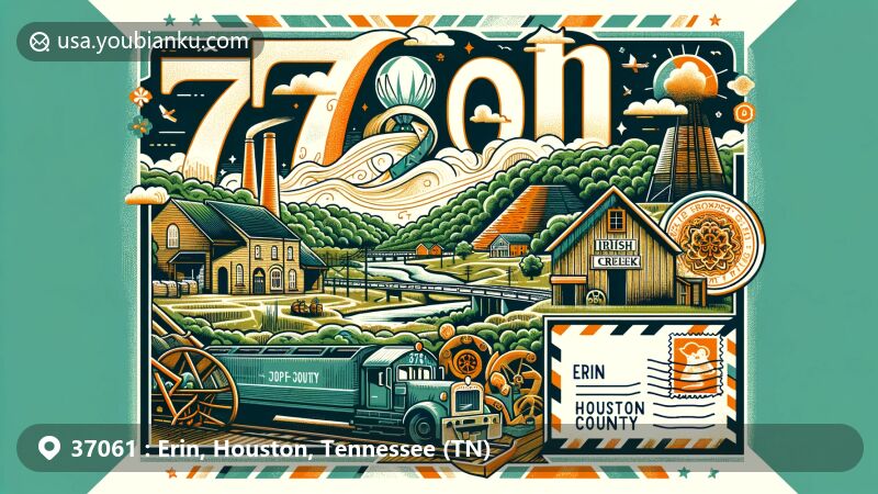 Modern illustration of Erin, Houston County, Tennessee, with postal theme showcasing ZIP code 37061 and blending regional and Irish heritage elements, including limekilns, Wells Creek Basin, Irish festival motifs, vintage postage imagery, and Houston County Archives & Museum.