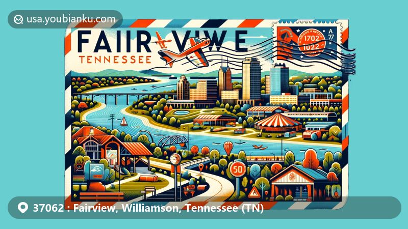 Modern illustration of Fairview, Williamson County, Tennessee, showcasing postal theme with ZIP code 37062, featuring Bowie Nature Park and community commitment to well-being.