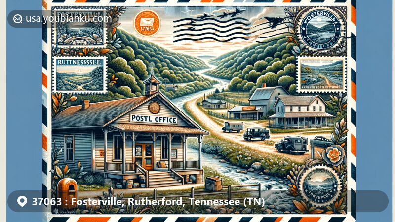 Modern illustration of Fosterville, Rutherford County, Tennessee, blending postal theme with historic post office and country store, set against backdrop of rolling hills, greenery, and creek. ZIP code 37063 and Tennessee state symbols included.