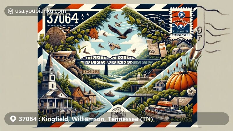 Modern illustration of Kingfield area, Williamson County, Tennessee, capturing natural beauty, historical landmarks, and cultural events, centered around ZIP code 37064, featuring Harpeth River, Natchez Trace Parkway Bridge, downtown Franklin, PumpkinFest, and Dickens of a Christmas.