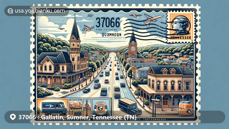 Modern illustration of Gallatin, Sumner County, Tennessee, capturing Southern charm and historical heritage, featuring picturesque streets, historic buildings, and the Cumberland River, along with local landmarks like the Sumner County Courthouse, vintage-style postcard frame with ZIP Code 37066, state of Tennessee postal stamp, and postal motifs.