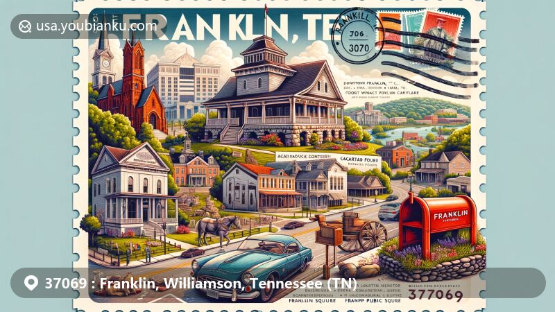 Modern illustration of ZIP code 37069 in Franklin, Tennessee, showcasing iconic landmarks like Carter House, Downtown Franklin Historic District, and Carnton, with a vintage postcard design featuring a postage stamp border and an antique mailbox.