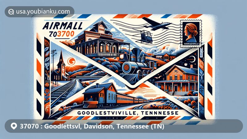 Modern illustration of Goodlettsville, Tennessee, featuring a creative airmail envelope design for ZIP code 37070, showcasing landmarks like Historic Mansker's Station and the Bowen Plantation House.