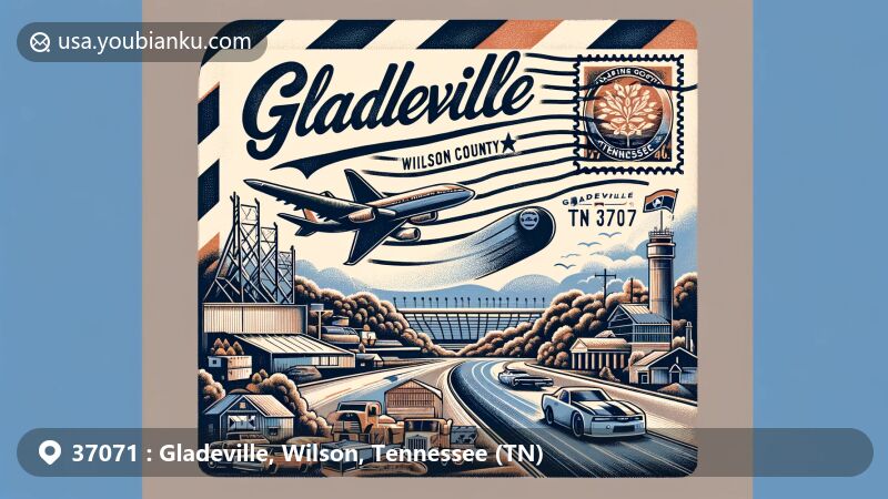 Modern illustration of Gladeville, Wilson County, Tennessee, highlighting airmail theme with vintage envelope, showcasing cedar glades, Nashville Superspeedway, and Tennessee state flag.