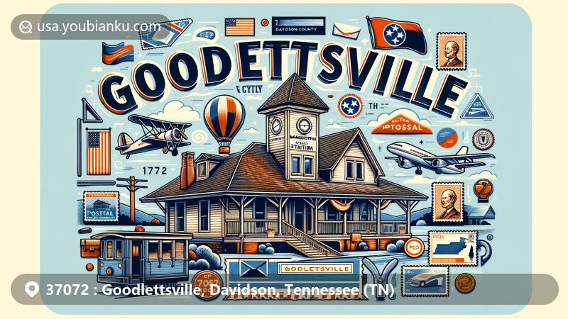 Modern illustration of Goodlettsville, Davidson County, Tennessee, featuring Historic Mansker's Station, Tennessee state flag, airmail envelope, stamps, postmarks, and ZIP code 37072.