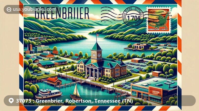 Modern illustration of Greenbrier, Tennessee, with ZIP code 37073, featuring scenic beauty of Greenbrier Lake, Robertson County Courthouse, vintage air mail elements, stamps of local landmarks like Nelson's Green Brier Distillery, and a postmark dated 'February 11, 2024'.