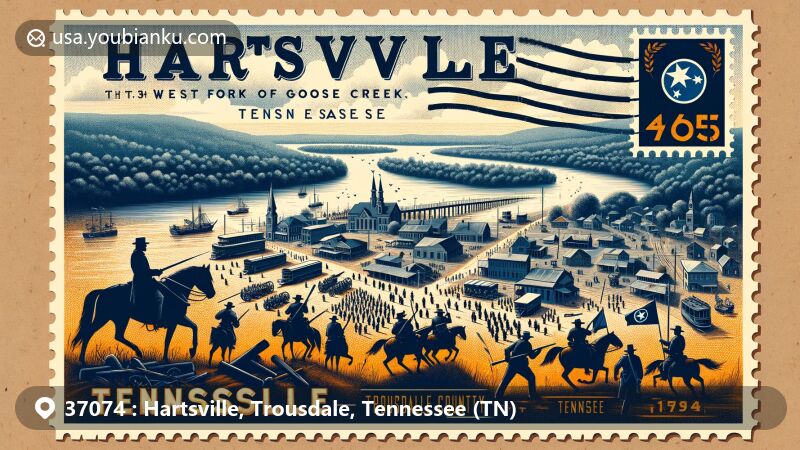 Modern illustration of Hartsville, Trousdale County, Tennessee, portraying the regional and postal theme with ZIP code 37074, featuring the West Fork of Goose Creek, the Cumberland River, and Civil War era references.
