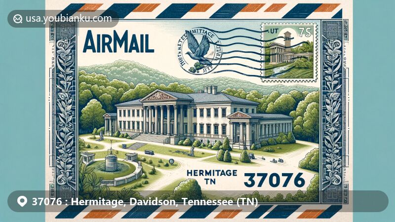Modern illustration of The Hermitage, TN, emphasizing ZIP code 37076, featuring Greek Revival architecture and green landscape.