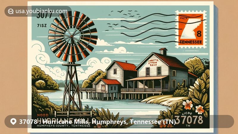 Modern illustration of Hurricane Mills, Humphreys County, Tennessee, featuring ZIP code 37078, showcasing Loretta Lynn's Ranch, a historic gristmill, and Tennessee's natural flora.